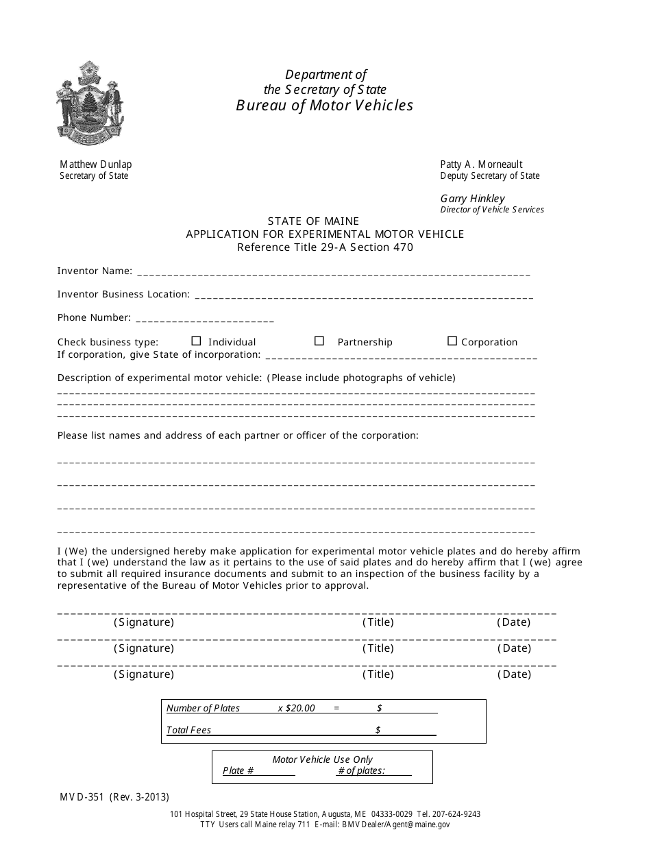Form MVD-351 Application for Experimental Motor Vehicle - Maine, Page 1