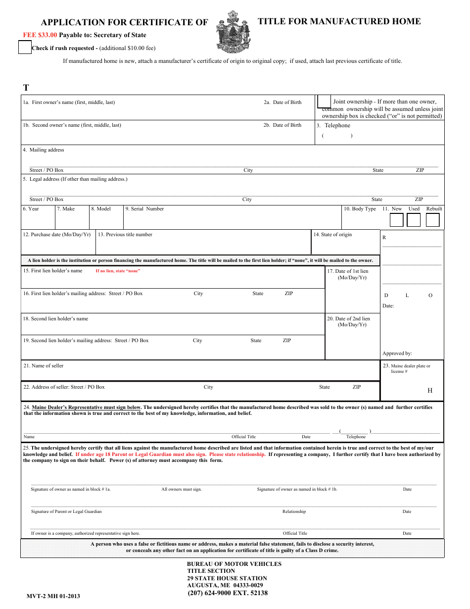 Form MVT-2 MH Application for Certificate of Title for Manufactured Home - Maine, Page 1
