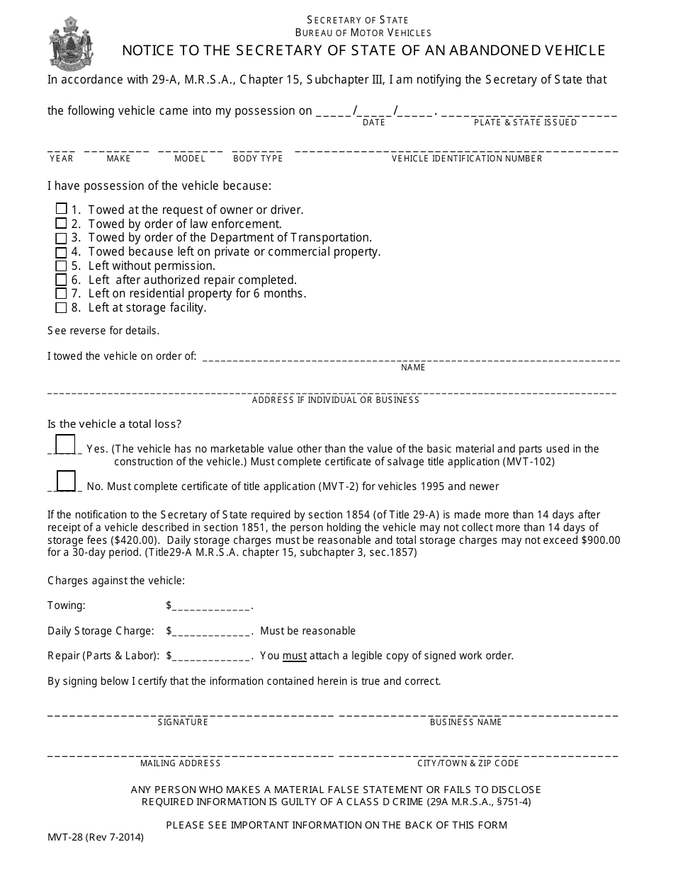 Form MVT-28 Notice to the Secretary of State of an Abandoned Vehicle - Maine, Page 1