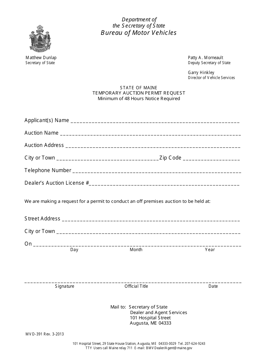 Form MVD-391 Temporary Auction Permit - Maine, Page 1
