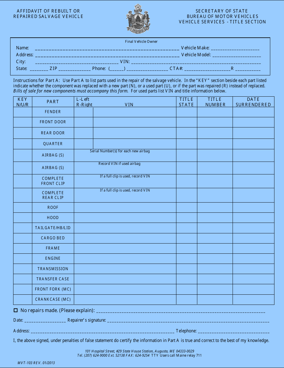 Form MVT-103 Affidavit of Rebuilt or Repaired Salvage Vehicle - Maine, Page 1
