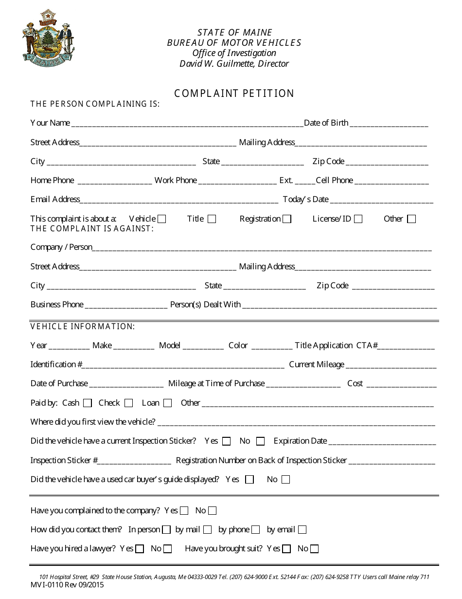 Form MVI-0110 Complaint Petition - Maine, Page 1