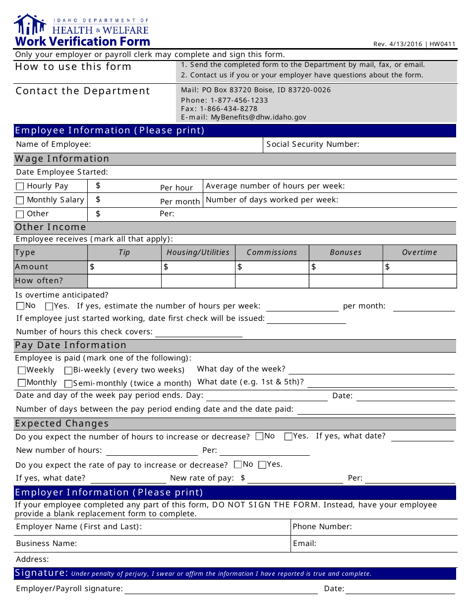 Form HW0411 Work Verification Form - Idaho, Page 1