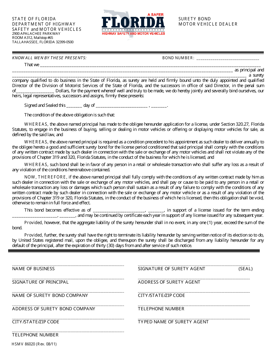 Form HSMV86020 Surety Bond Motor Vehicle Dealer - Florida, Page 1