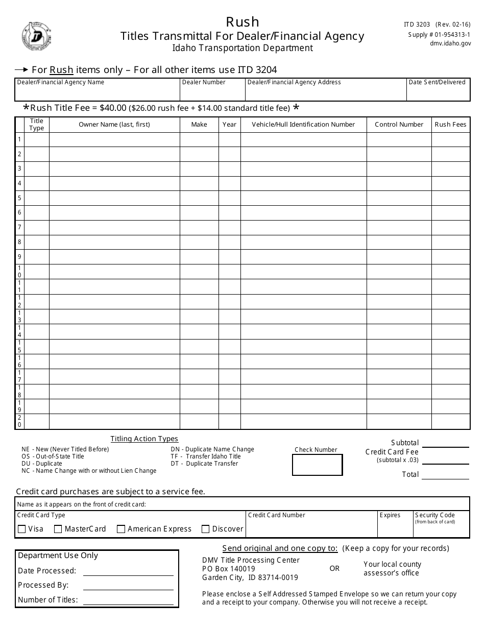 Form ITD3203 - Fill Out, Sign Online and Download Fillable PDF, Idaho ...