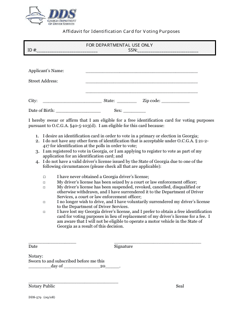 Form DDS-579 Affidavit for Identification Card for Voting Purposes - Georgia (United States)