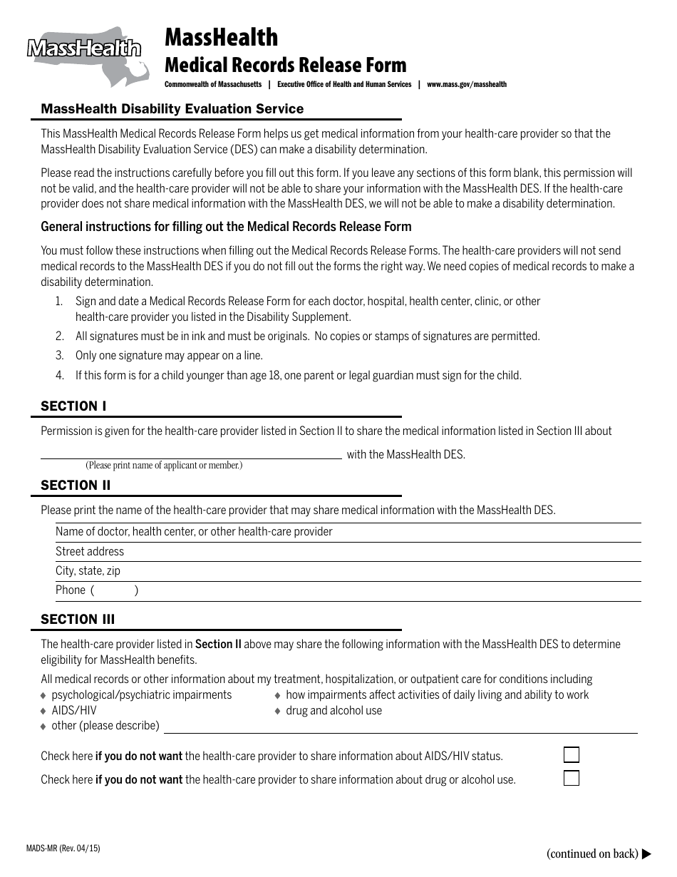 Form MADS-MR Medical Records Release Form - Massachusetts, Page 1