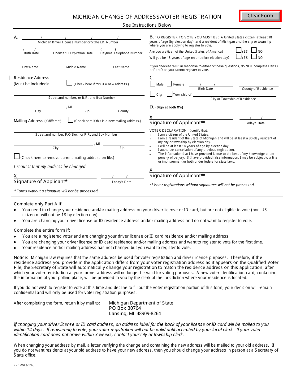 Form ED-109W Michigan Change of Address / Voter Registration - Michigan, Page 1