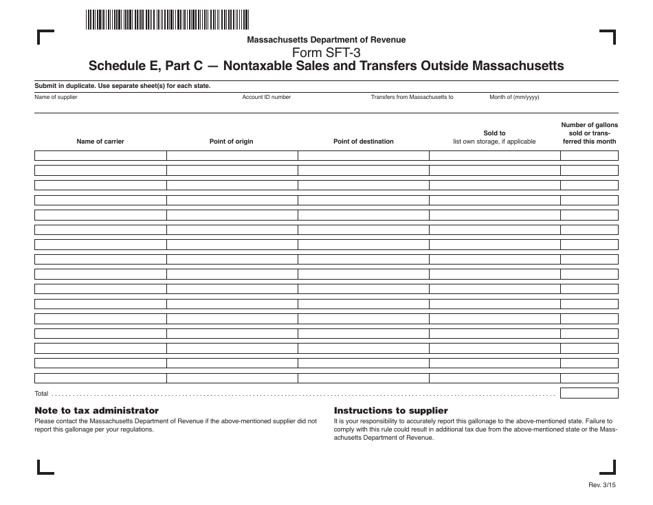 Form SFT-3 Schedule E Nontaxable Sales and Transfers Outside Massachusetts - Massachusetts, Page 1