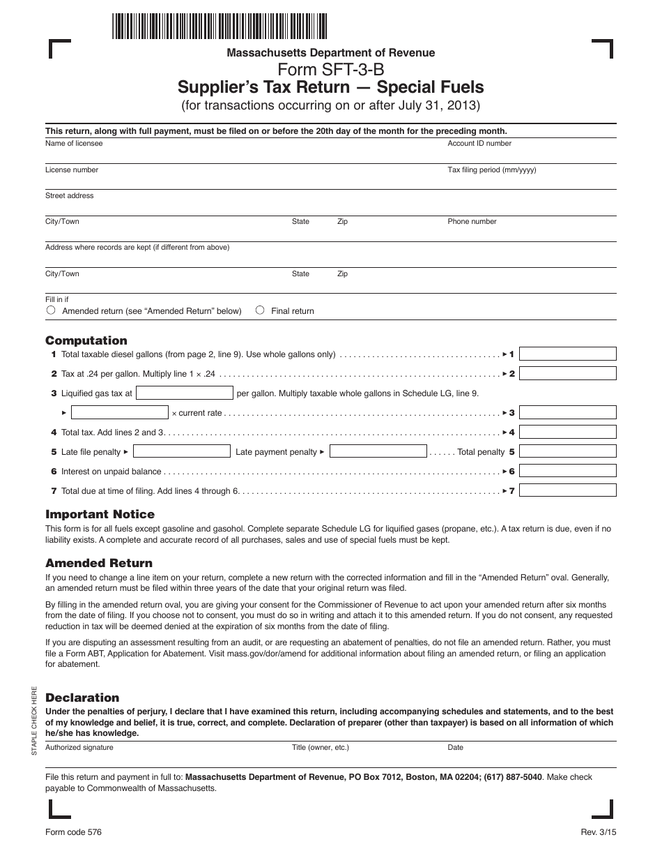 Form SFT-3-B Supplier's Tax Return - Special Fuels - Massachusetts, Page 1