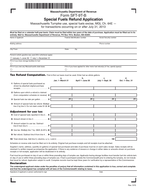 Form SFT-9T-B Special Fuels Refund Application - Massachusetts