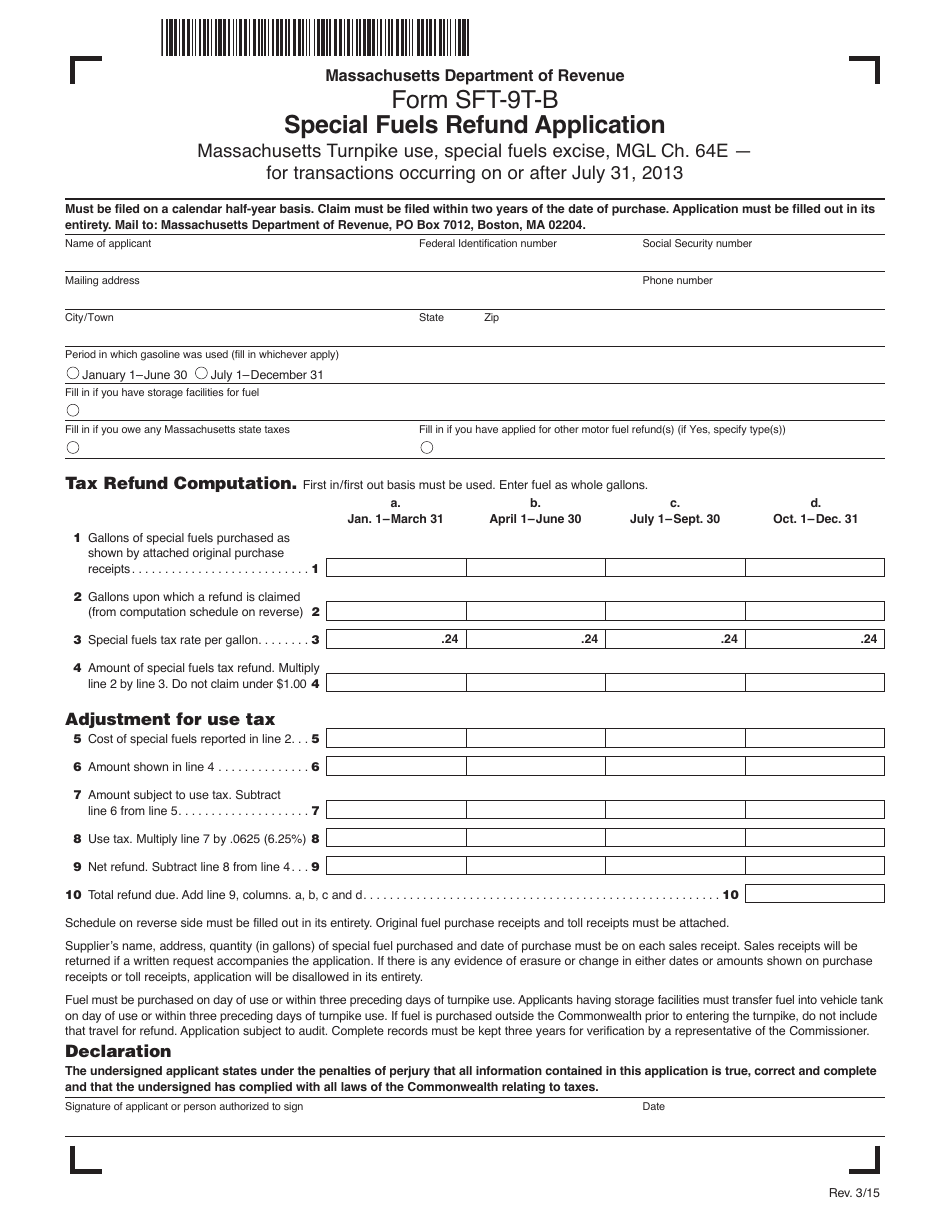 Form SFT-9T-B Special Fuels Refund Application - Massachusetts, Page 1