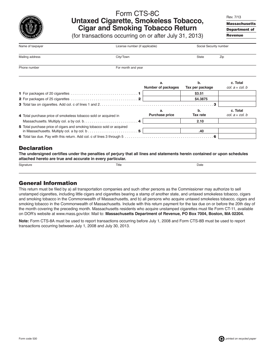 Form CTS-8C Untaxed Cigarette, Smokeless Tobacco, Cigar and Smoking Tobacco Return (On or After July 31, 2013) - Massachusetts, Page 1