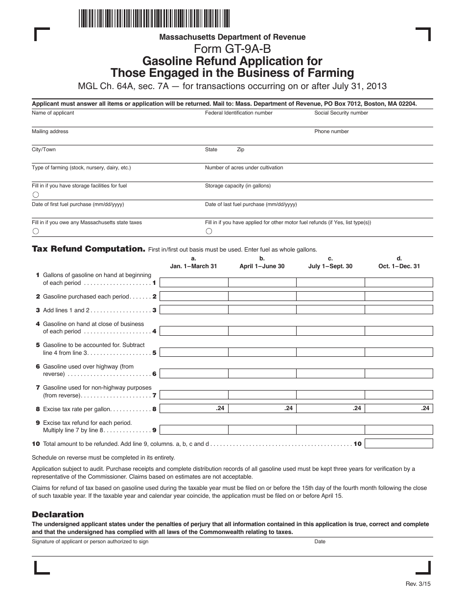 Form GT-9A-B Gasoline Refund Application for Those Engaged in the Business of Farming - Massachusetts, Page 1