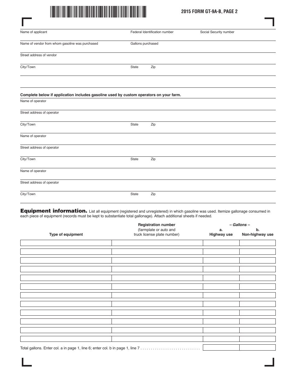 Form GT-9A-B Gasoline Refund Application for Those Engaged in the Business of Farming - Massachusetts, Page 2