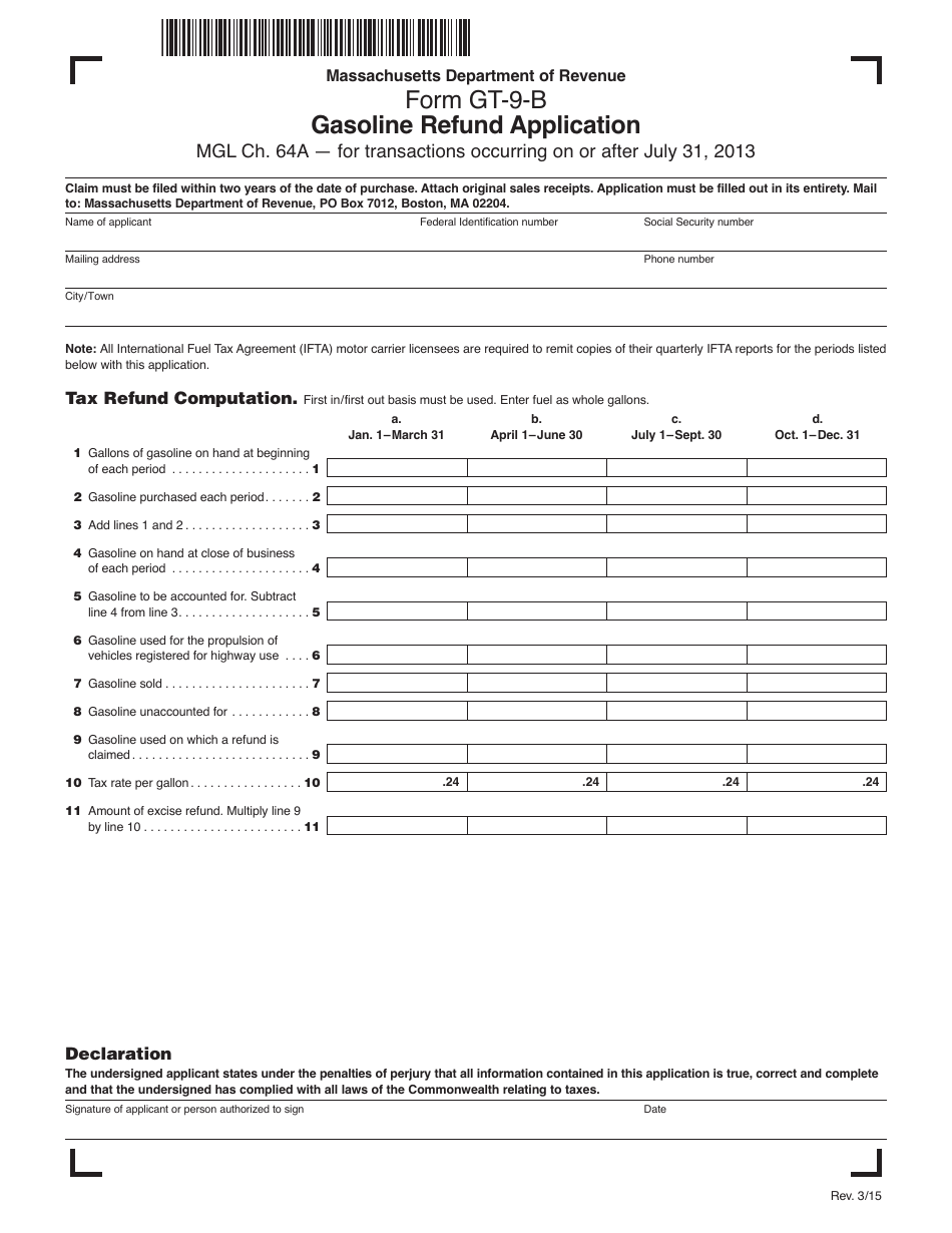Form GT-9-B Gasoline Tax Refund Application - Massachusetts, Page 1