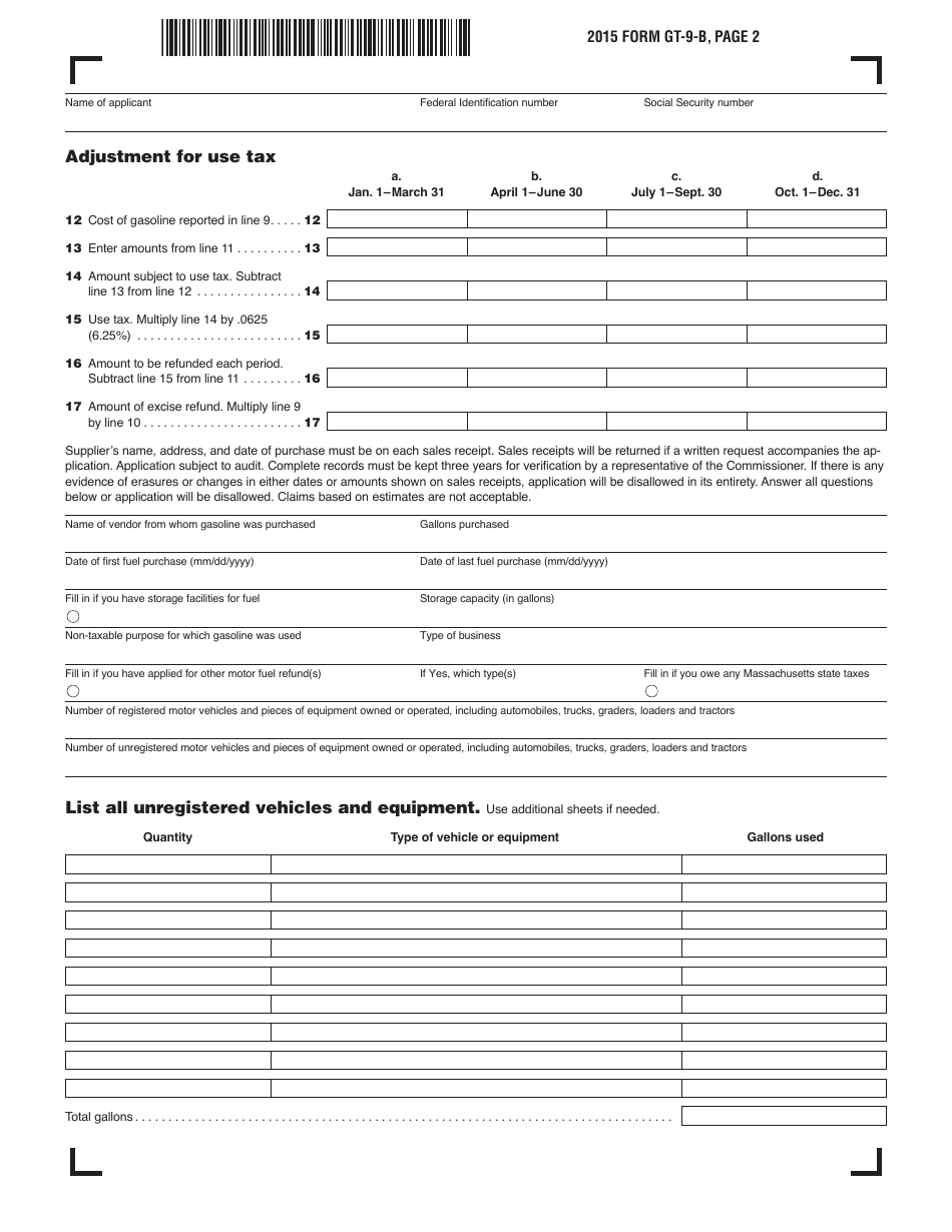 Form GT-9-B Gasoline Tax Refund Application - Massachusetts, Page 2