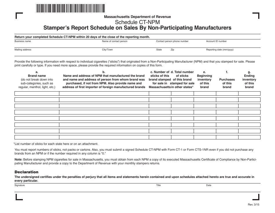Schedule CT-NPM Stampers Report Schedule on Sales by Non-participating Manufacturers - Massachusetts, Page 1