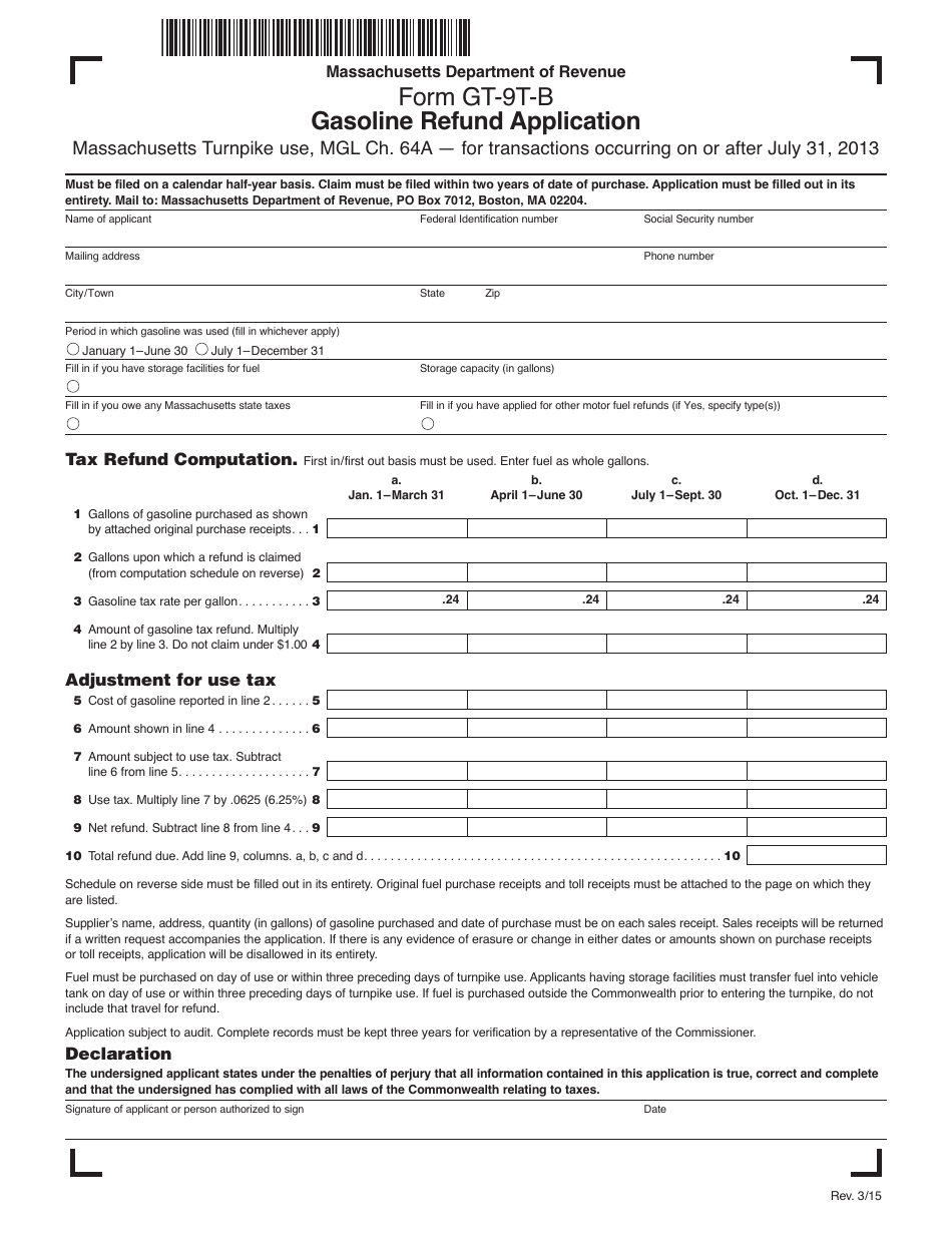 Form GT-9T-B Gasoline Refund Application - Massachusetts, Page 1