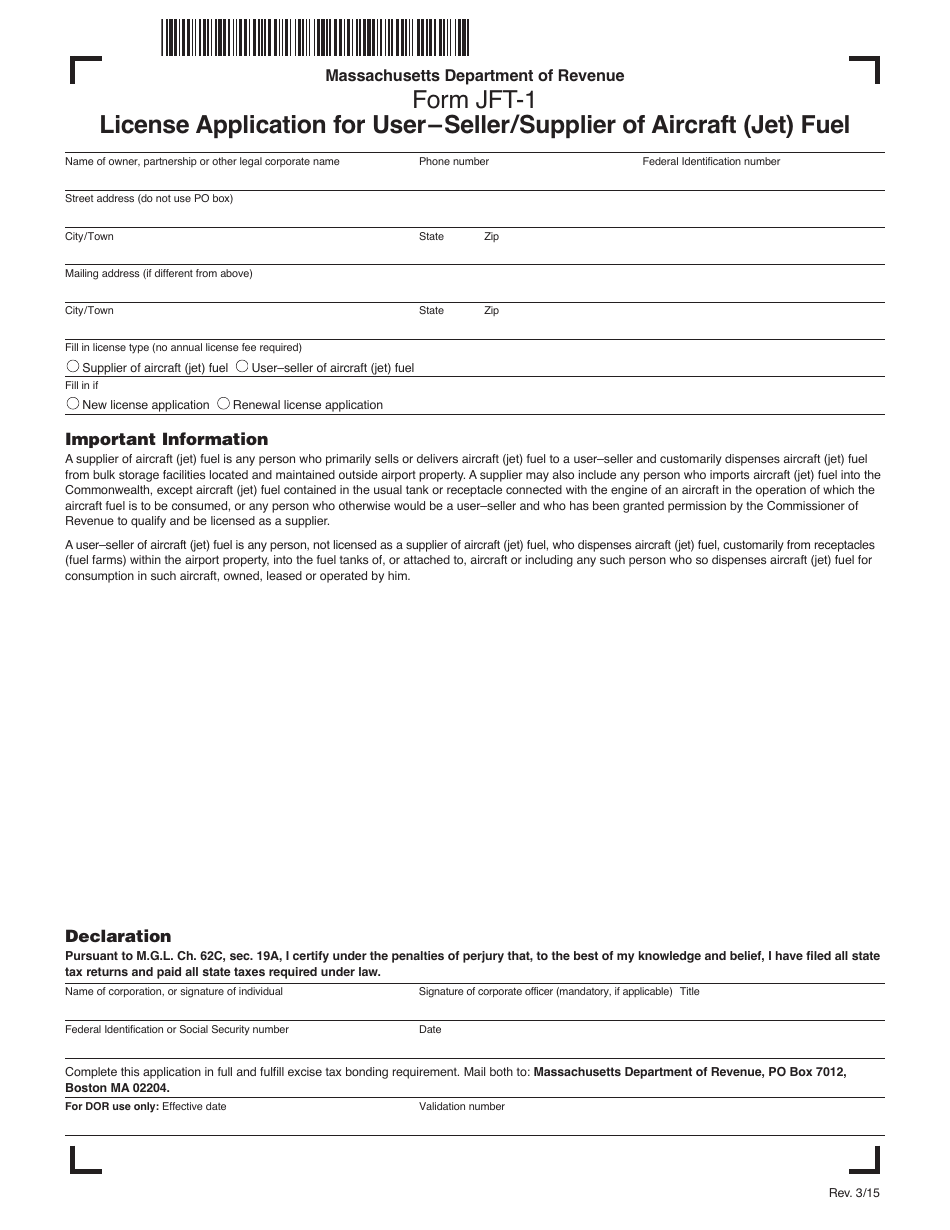 Form JFT-1 License Application for User'seller/Supplier of Aircraft (Jet) Fuel - Massachusetts, Page 1