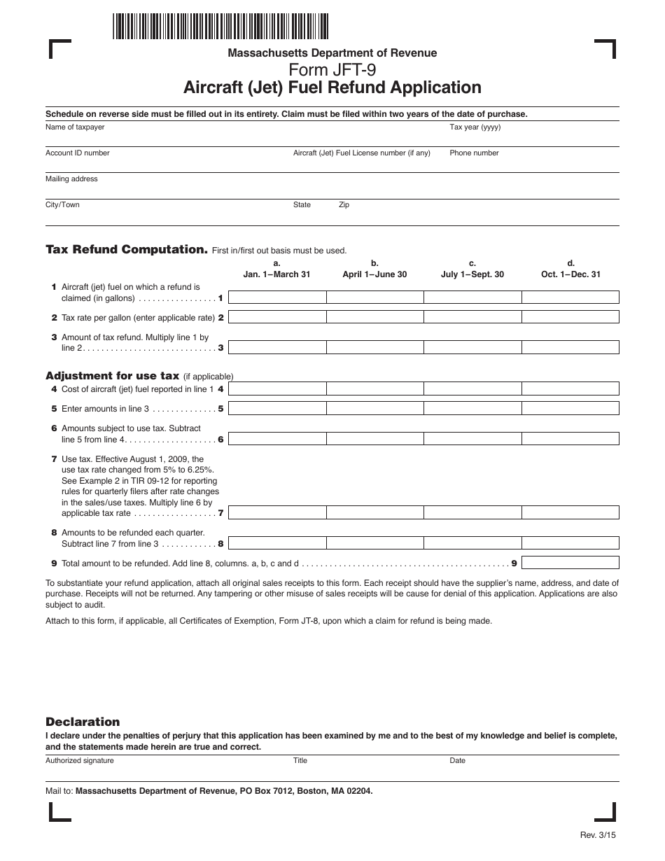 Form JFT-9 Aircraft (Jet) Fuel Refund Application - Massachusetts, Page 1