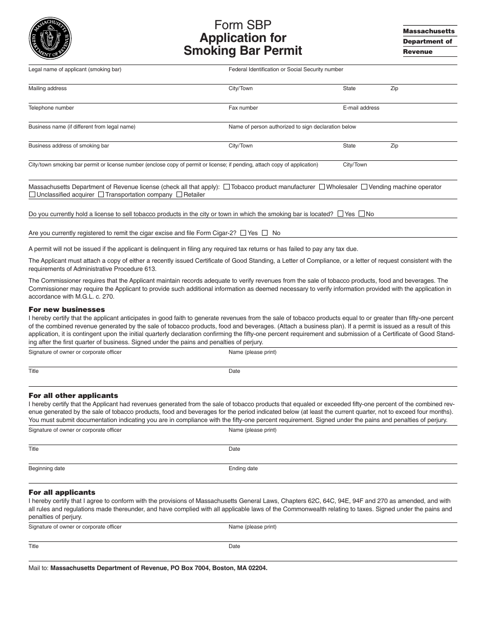 Form SBP Application for Smoking Bar Permit - Massachusetts, Page 1