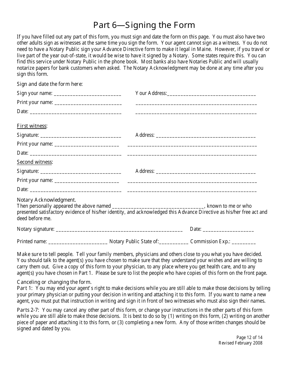 Advance Directive Form - Maine, Page 12