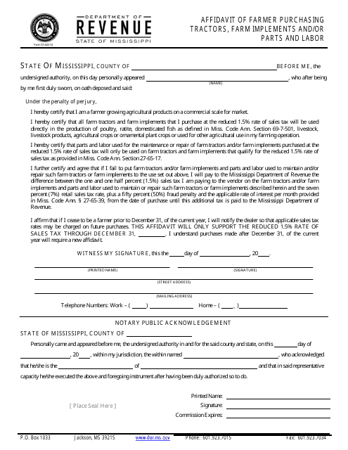 Form 72-620-14 Affidavit of Farmer Purchasing Tractors, Farm Implements and/or Parts and Labor - Mississippi