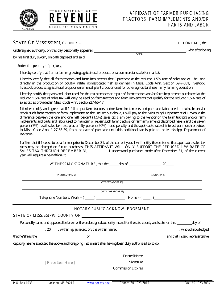 Form 72-620-14 Affidavit of Farmer Purchasing Tractors, Farm Implements and / or Parts and Labor - Mississippi, Page 1