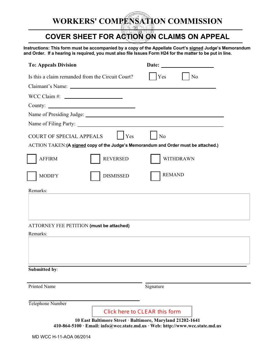 WCC Form H-11-AOA Cover Sheet for Action on Claims on Appeal - Maryland, Page 1