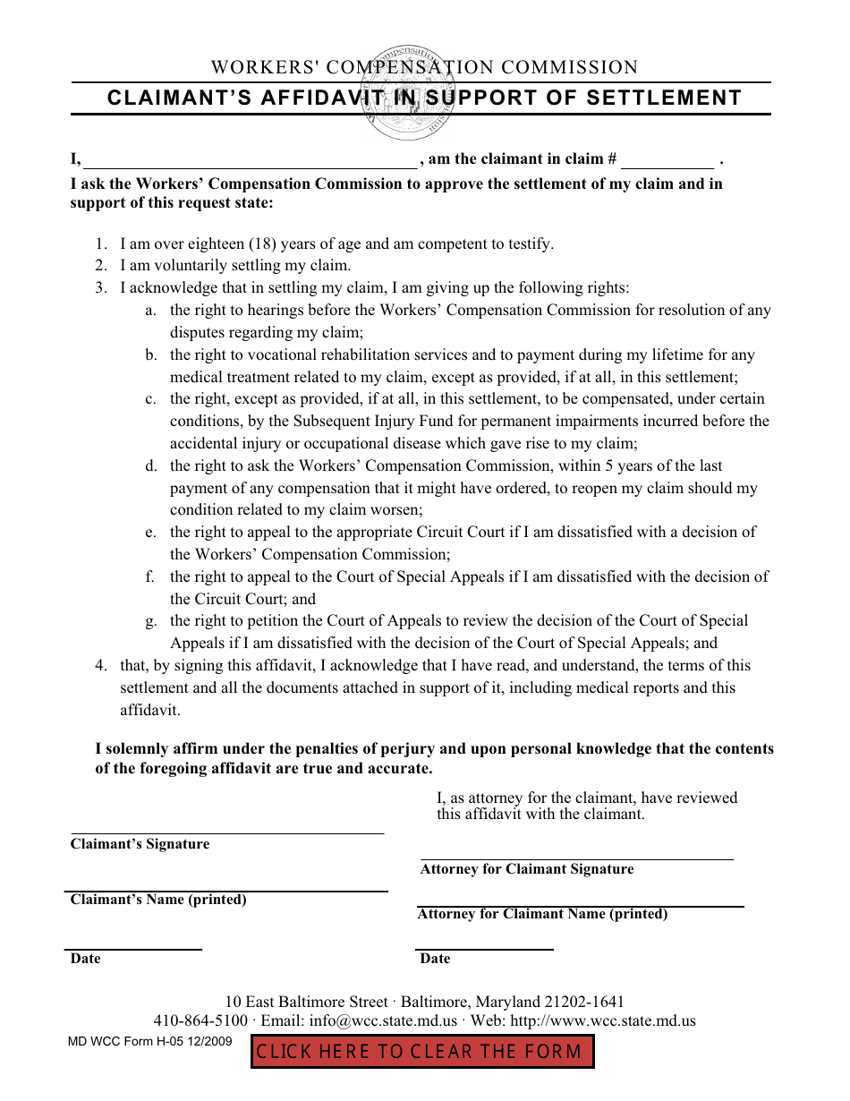 WCC Form H-05 Claimants Affidavit in Support of Settlement - Maryland, Page 1