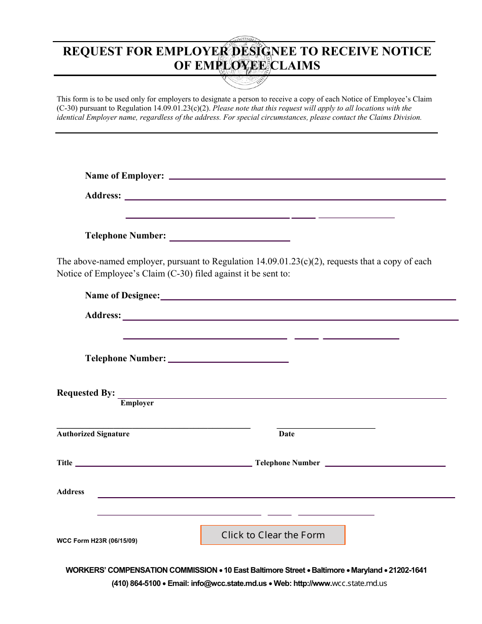 WCC Form H23R Request for Employer Designee to Receive Notice of Employee Claims - Maryland, Page 1