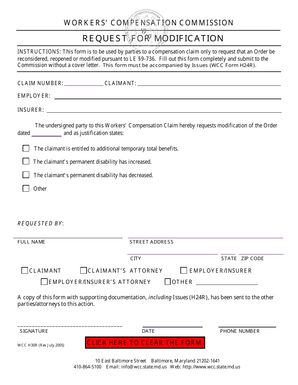 WCC Form H30R Request for Modification - Maryland, Page 1