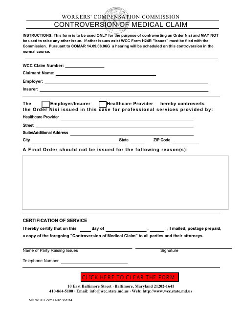 WCC Form H-32  Printable Pdf
