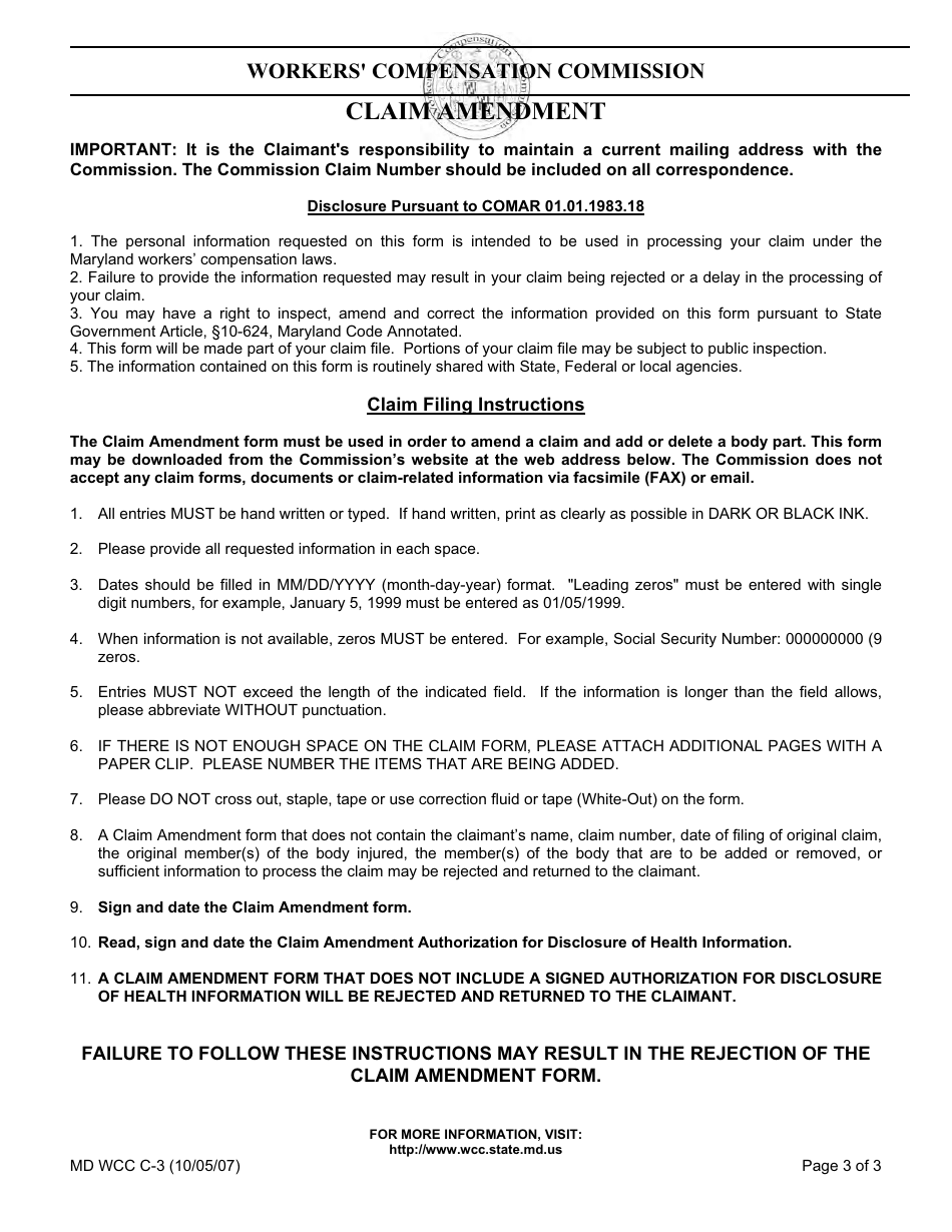 WCC Form C-3 Claim Amendment - Maryland, Page 3