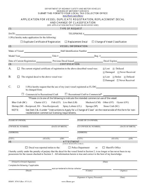 Form HSMV87015 Application for Vessel Duplicate Registration, Replacement Decal and Change of Classification - Florida