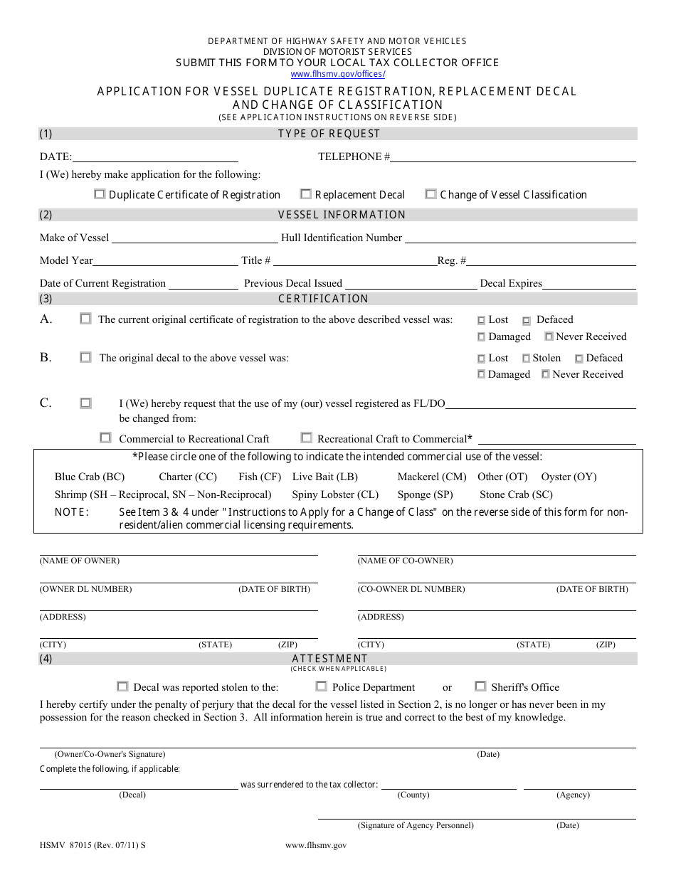 Form HSMV87015 Application for Vessel Duplicate Registration, Replacement Decal and Change of Classification - Florida, Page 1