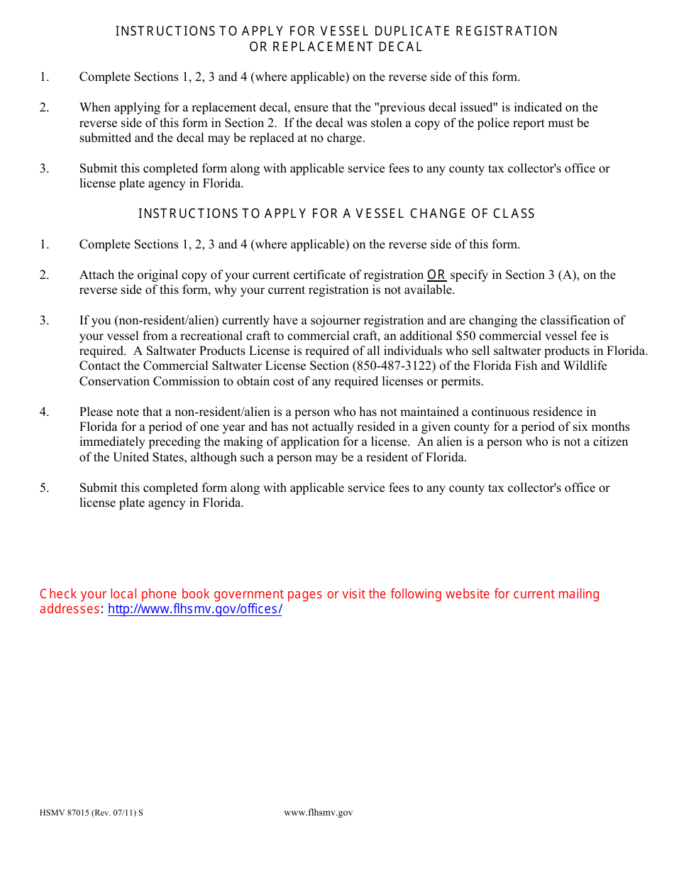 Form HSMV87015 Application for Vessel Duplicate Registration, Replacement Decal and Change of Classification - Florida, Page 2