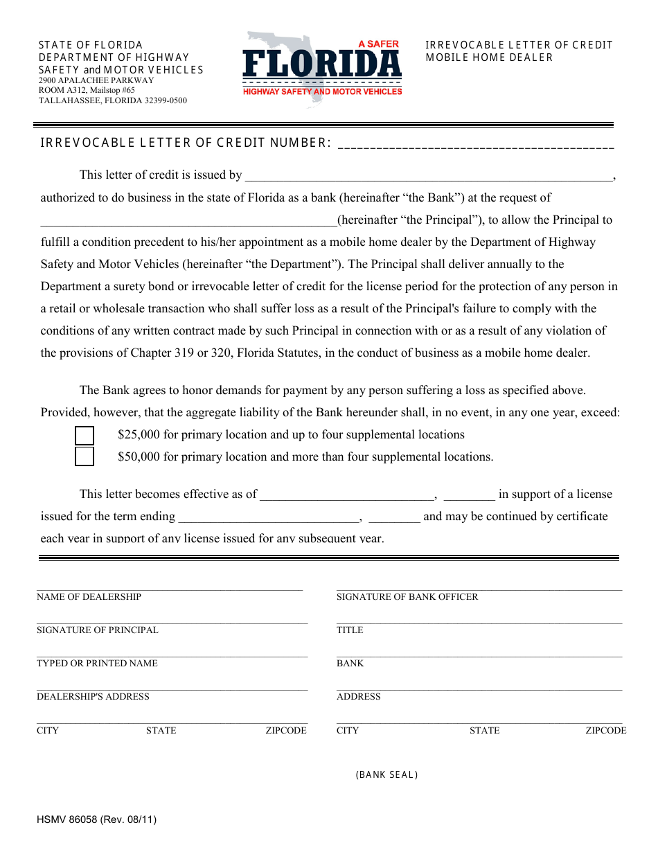 Form HSMV86058 Irrevocable Letter of Credit Mobile Home Dealer - Florida, Page 1