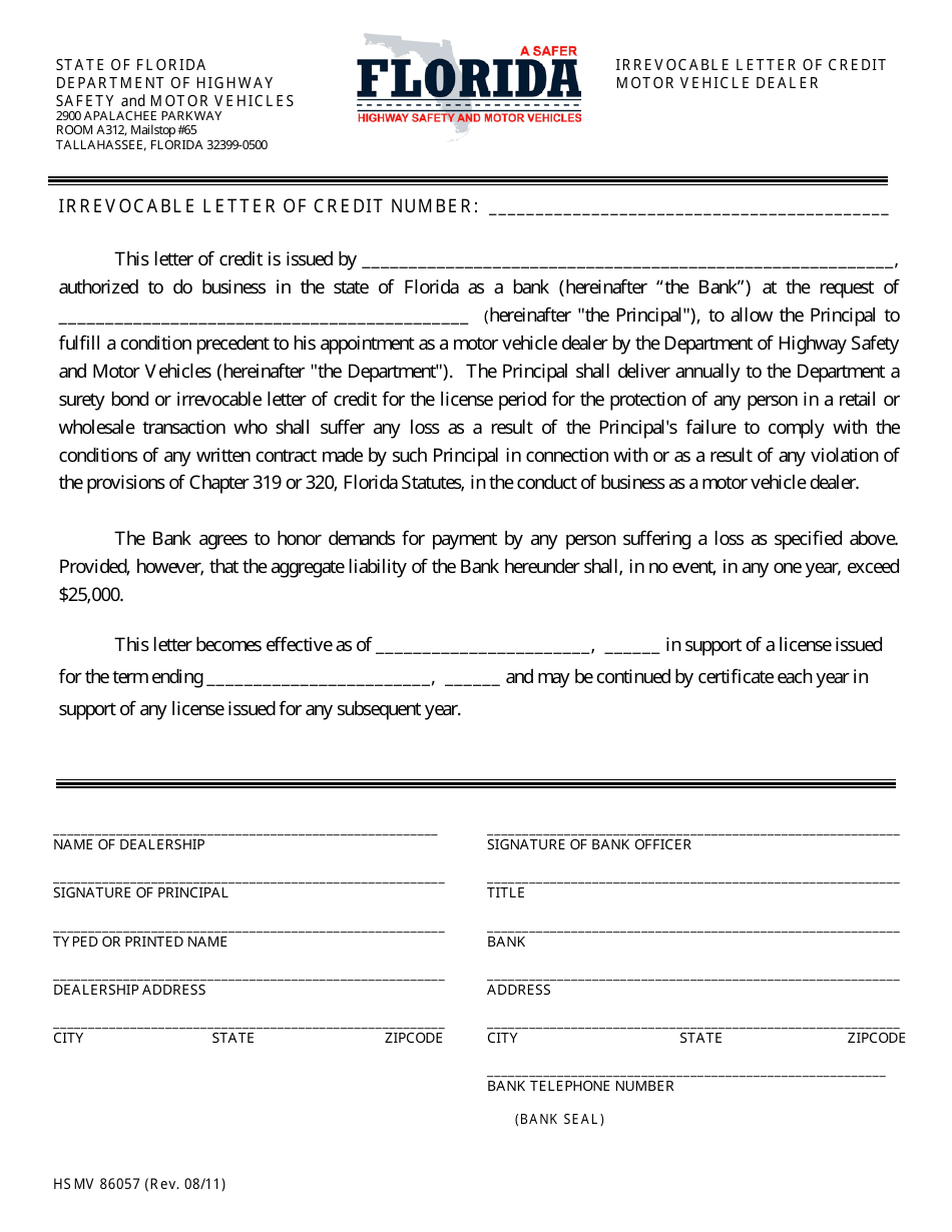 Form HSMV86057 Irrevocable Letter of Credit Motor Vehicle Dealer - Florida, Page 1