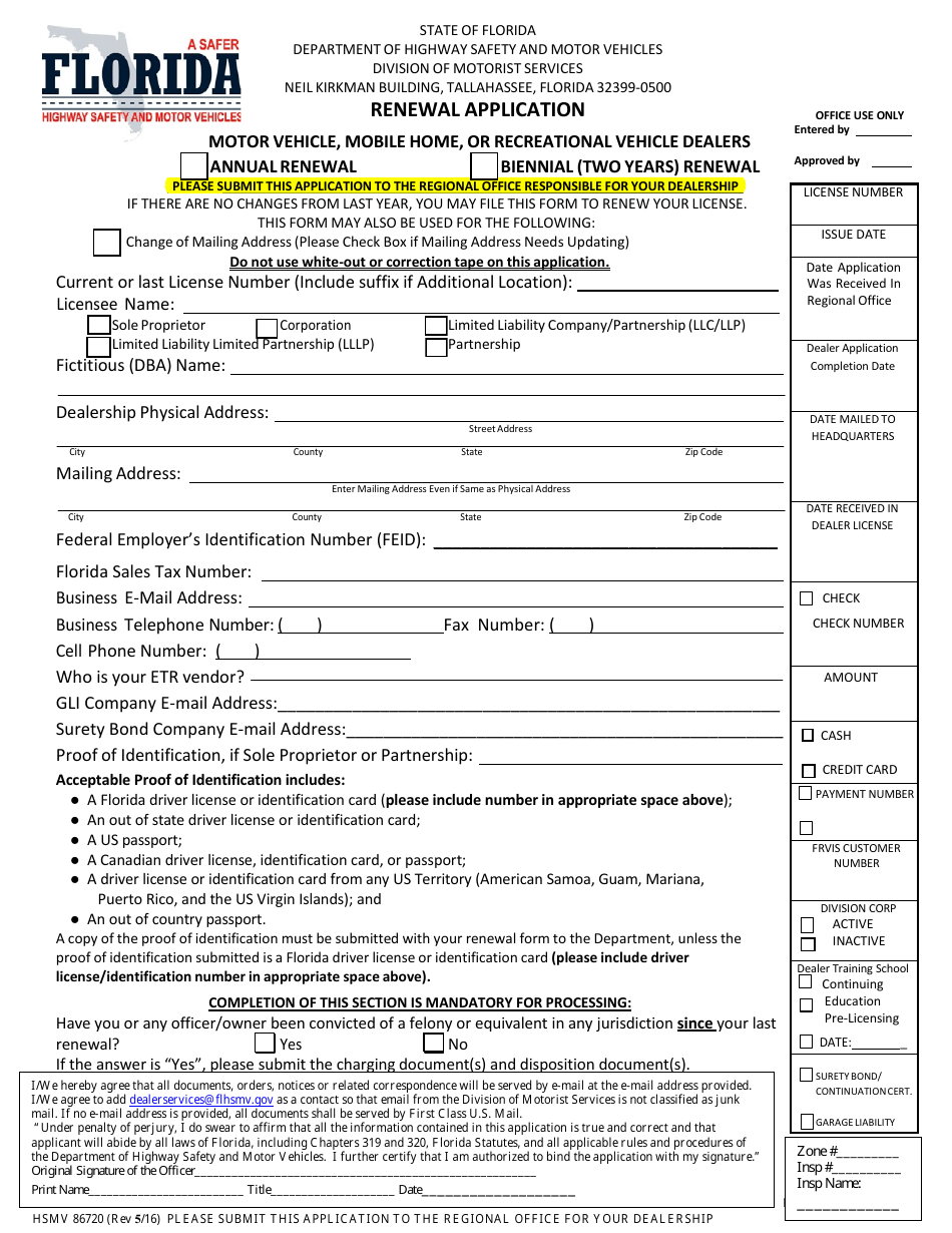 Form HSMV86720 Renewal Application: Motor Vehicle, Mobile Home, or Recreational Vehicle Dealers - Florida, Page 1