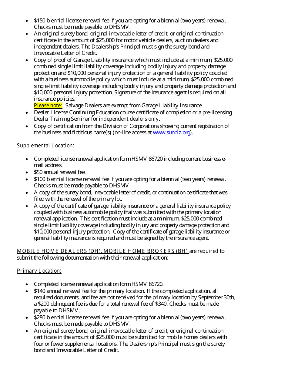 Form HSMV86720 Renewal Application: Motor Vehicle, Mobile Home, or Recreational Vehicle Dealers - Florida, Page 3