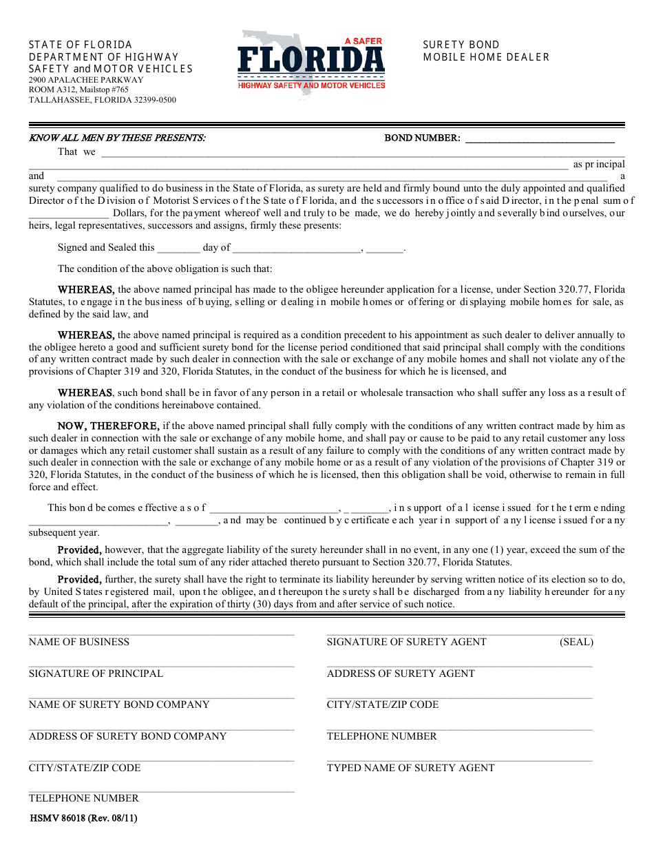 Form HSMV86018 Surety Bond Mobile Home Dealer - Florida, Page 1