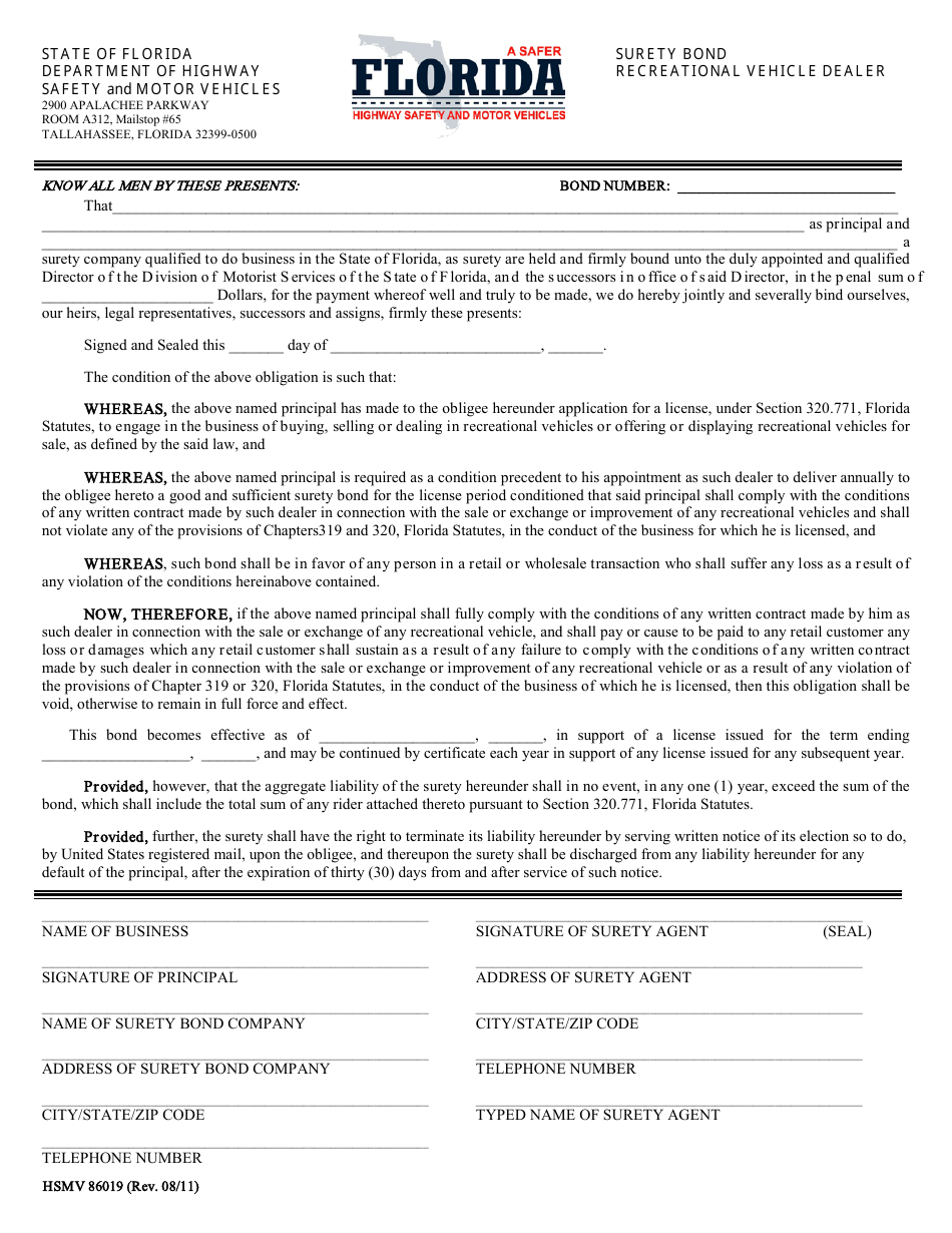 Form HSMV86019 Surety Bond, Recreational Vehicle Dealer - Florida, Page 1