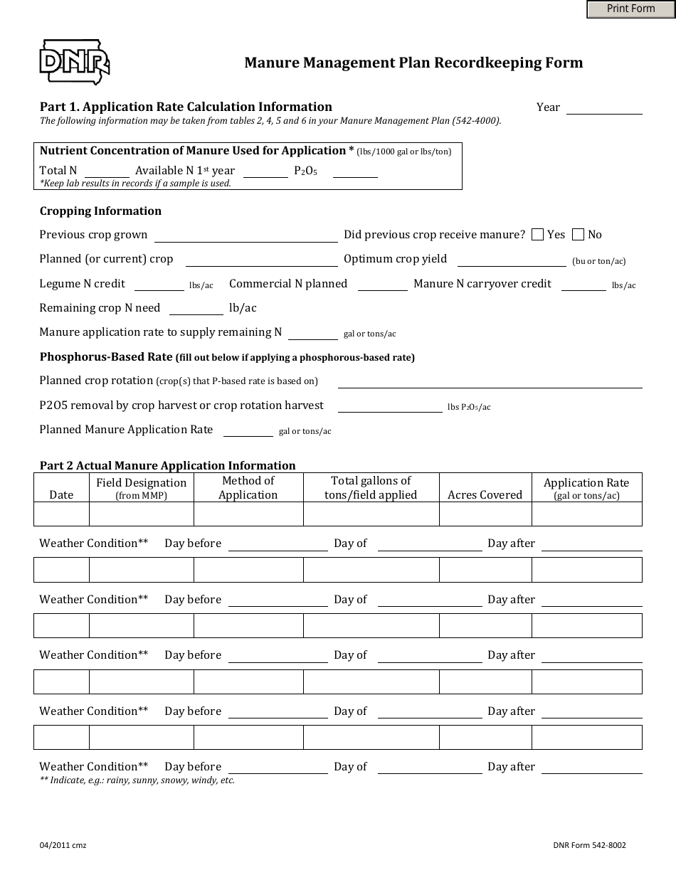 DNR Form 542-8002 Manure Management Plan Recordkeeping Form - Iowa, Page 1
