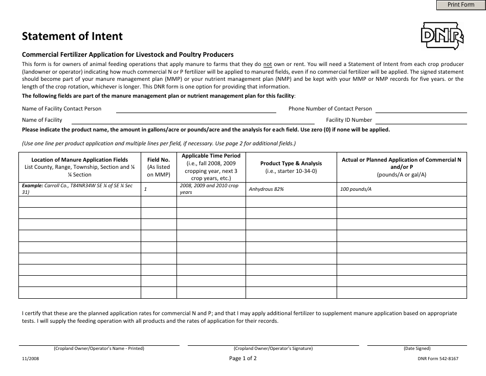 DNR Form 542-8167 Statement of Intent - Commercial Fertilizer Application for Livestock and Poultry Producers - Iowa, Page 1
