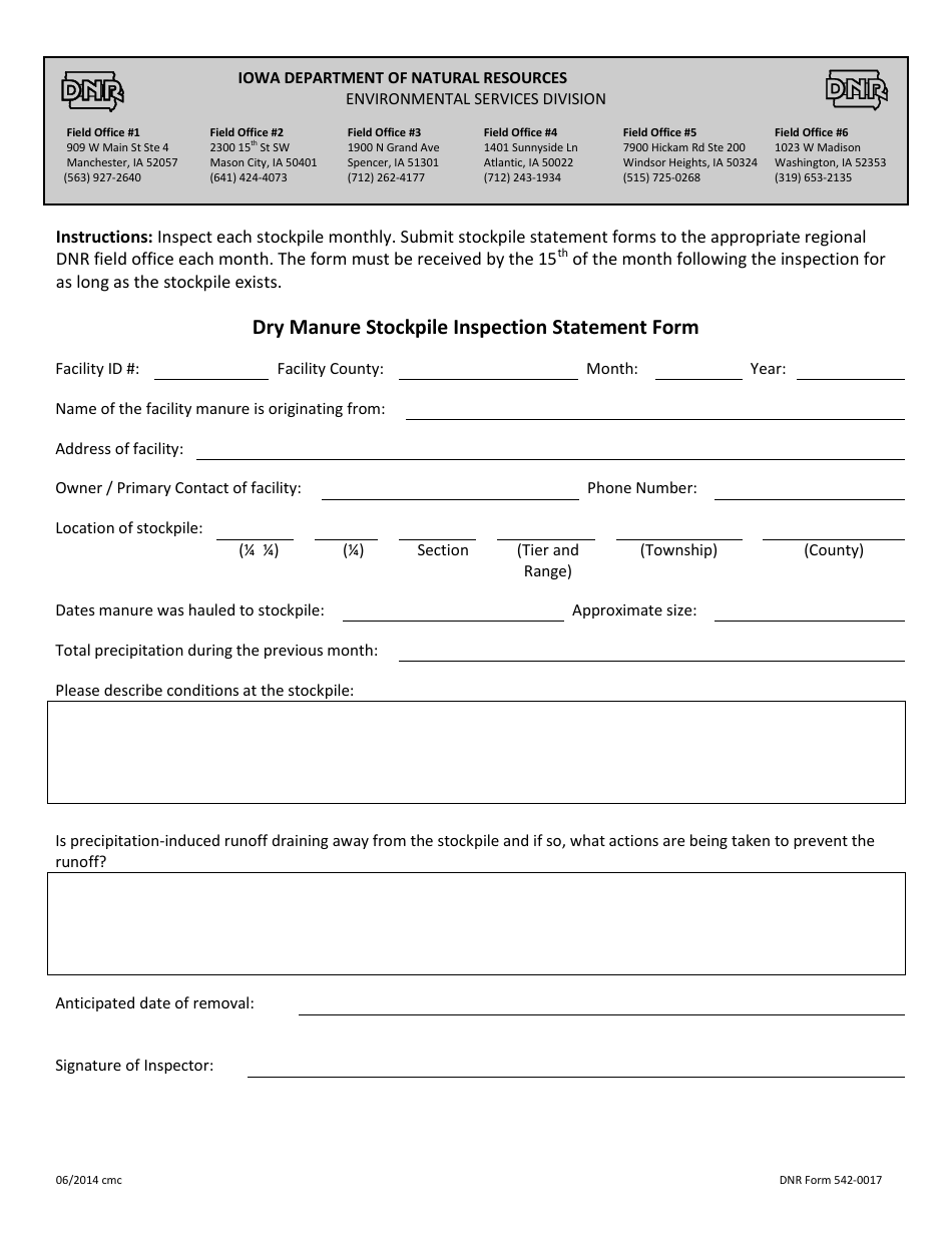 DNR Form 542-0017 Dry Manure Stockpile Inspection Statement Form - Iowa, Page 1