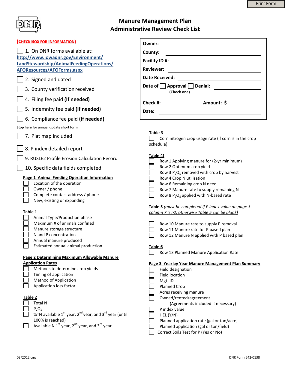 DNR Form 542-0138 Manure Management Plan Administrative Review Checklist - Iowa, Page 1