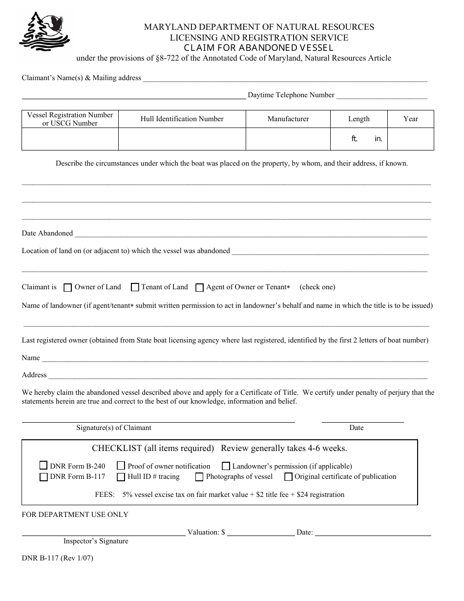 DNR Form B-117 - Fill Out, Sign Online And Download Fillable PDF ...