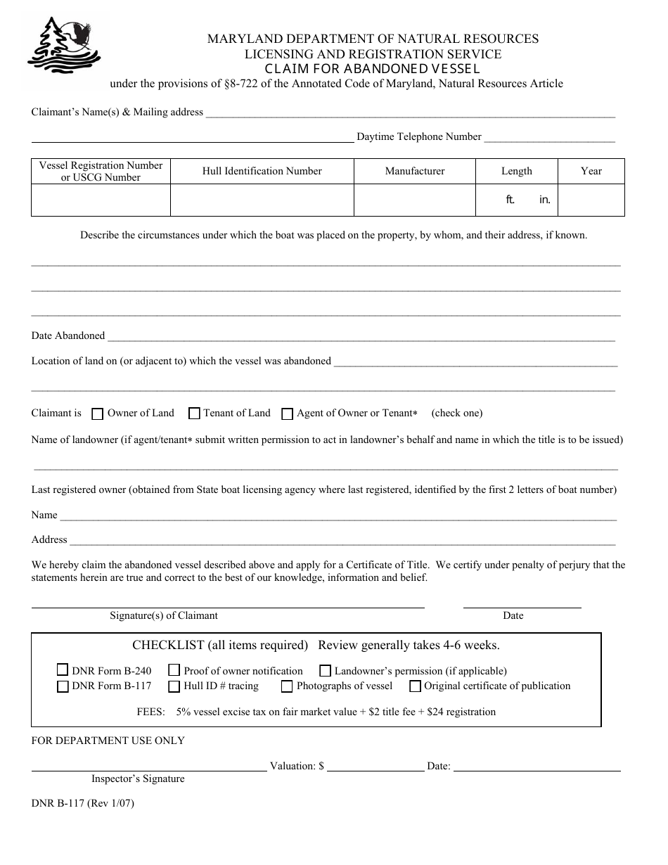 DNR Form B-117 Claim for Abandoned Vessel - Maryland, Page 1